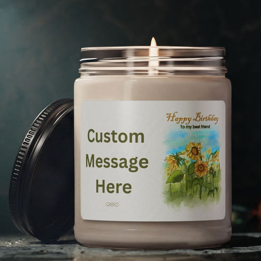 Personalized Soy Candle 9oz — Custom Message "Happy Birthday" Sunflower Design, Scented Gift