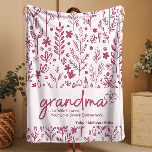 Grandma Fleece Sherpa Blanket — "Like Wildflowers Your Love Grows Everywhere" Personalized Floral Throw